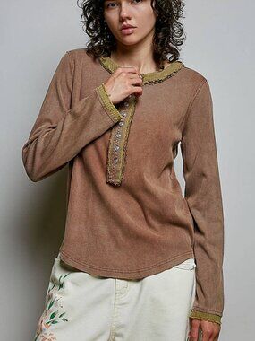 BNWT POL Solid Long Sleeve Round Neck Lace Trim Choco & Mustard Rib Knit Top